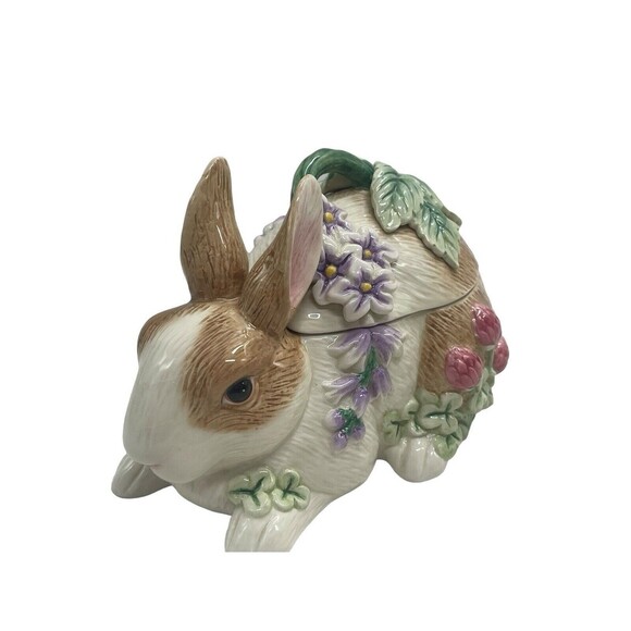 Vintage Fitz & Floyd Bunny Floral Botanical Lidded Box Dish 2058 RARE - Picture 1 of 16